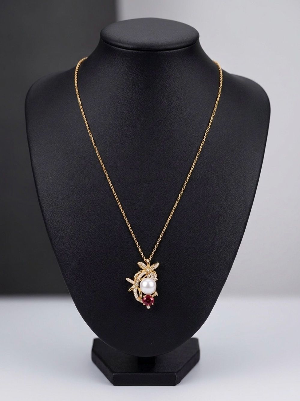 NEW Authentic Freshwater Pearl & Ruby Red Gem Pendant Gold Necklace, with Box